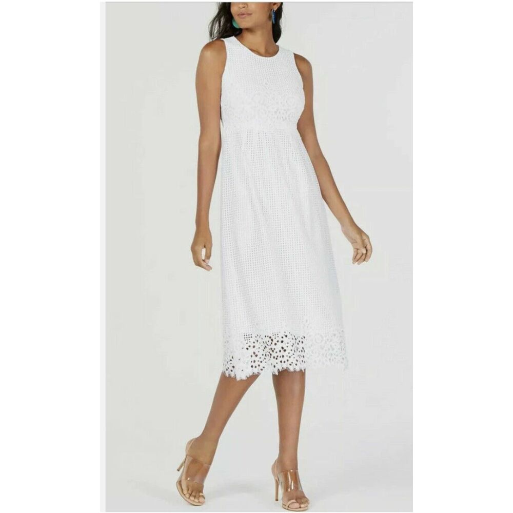 Alfani White Laser Cut Sleeveless Dress 14 NWT Midi Lined Lace Overlay Bridal